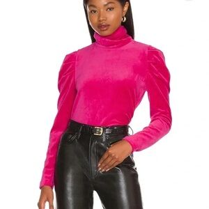 Pam & Gela Pink Velour Long Puff Sleeves Ruched Side Turtleneck Top Medium